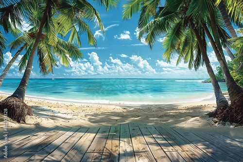 Tropical beach with coconut palm trees and wooden deck, Seascape background