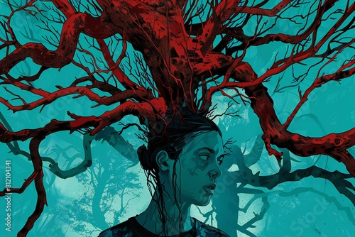 A person in front of branches that are part of a tree in red?