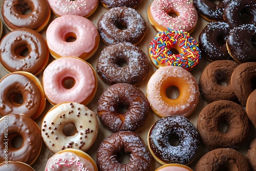 Delicious donuts, perfect for any occasion, culinary wonders sprinkled with sweet powdered sugar, chocolate, biscuit crumbs, and cream.