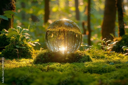 Illustration of  image of a glass ball in the midst of green moss