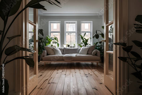 Modern Scandinavian home interior design characterized by an elegant living room featuring a comfortable sofa, wooden floor, white walls and home plants.