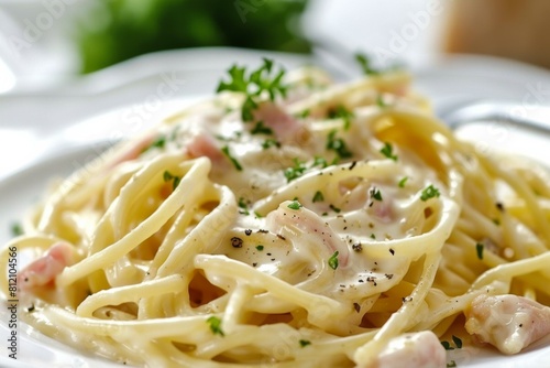 Creamy Italian Pasta Carbonara Close-up, Gourmet Food Concept