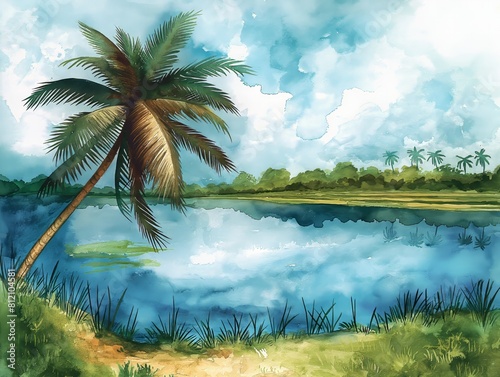 A painting of a palm tree next to a body of water. The mood of the painting is calm and peaceful