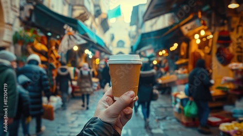 The close up picture of the person is holding the cup of the coffee by their own hand and walking on a street for relaxation also surrounded by building in city with people on blur background. AIG43.