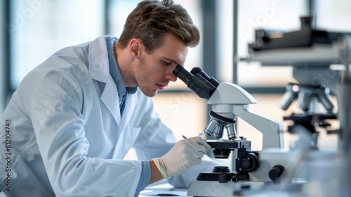 Scientist Examining Specimens Microscopically
