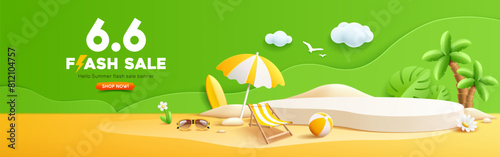 Summer flash sale, podium display, pile of sand, coconut tree, beach umbrella, beach chair, beach ball, sunglasses, banner design, on yellow and green background, EPS 10 vector illustration
