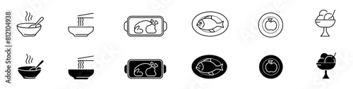 Set logo menu, cutlery icon, utensil sign for different types of dishes, black and white plate icons of different shapes, fork and knife in different variations - stock vector
