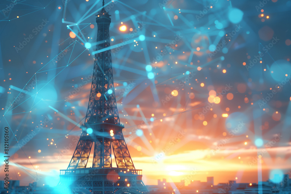 Neon blue and warm orange tones fuse over the Eiffel Tower in this dreamy vector art depiction. AI Generated Neon blue and warm orange tones fuse over the Eiffel Tower in this dreamy vector art depiction. AI Generated