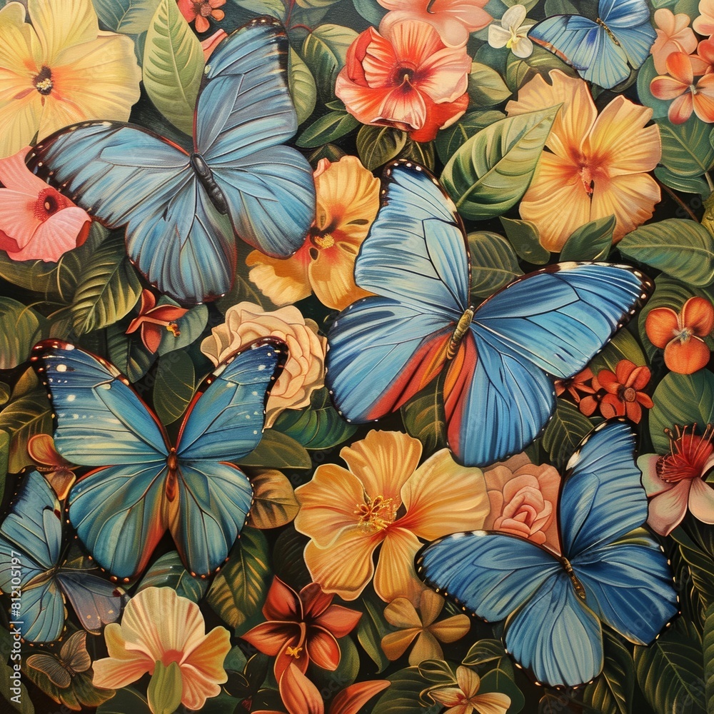 Blue Morpho Butterflies in a Field of Flowers,background with flowers Blue Morpho Butterflies in a Field of Flowers,background with flowers