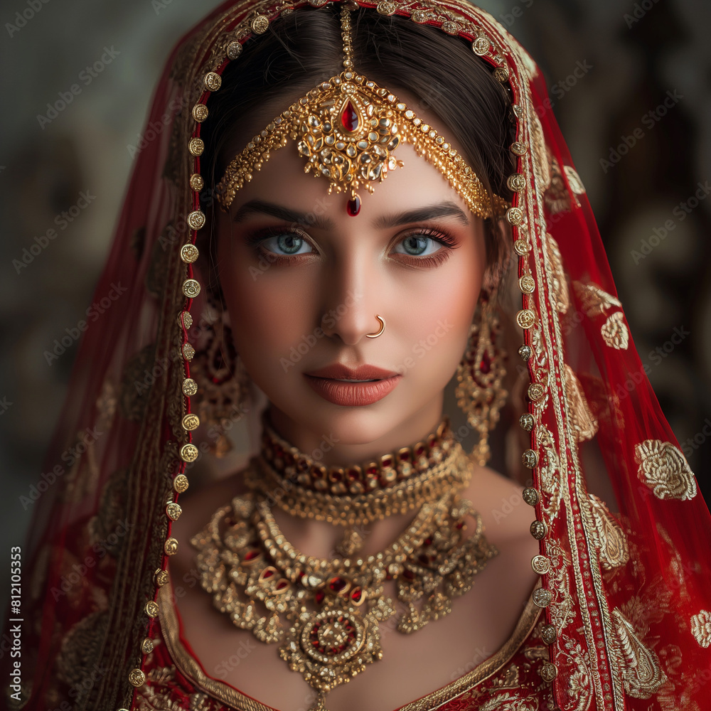 Create an image of an Indian bride on her wedding day, adorned in traditional attire. She is wearing a rich red lehenga with intricate gold embroidery. Her jewelry includes a gold nose ring, a maang t