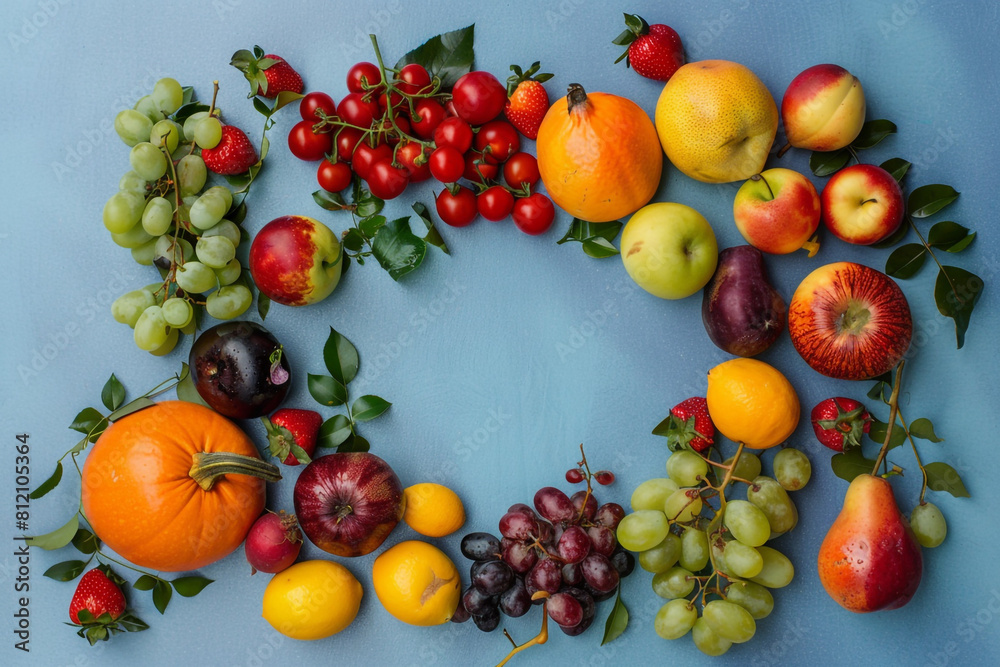 Assorted Fresh Fruits and Vegetables Arranged on Blue background 