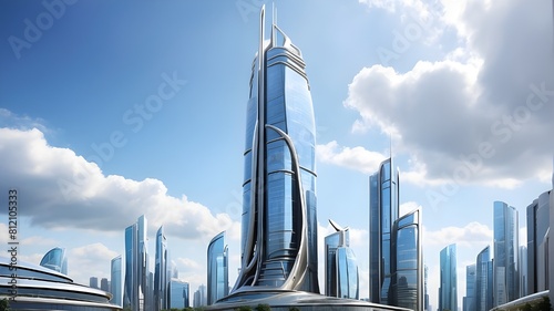 A futuristic skyscraper reaching towards the clouds  with sleek lines and a metallic sheen  standing tall and proud in a bustling cityscape.