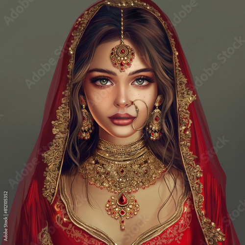 Create an image of an Indian bride on her wedding day, adorned in traditional attire. She is wearing a rich red lehenga with intricate gold embroidery. Her jewelry includes a gold nose ring, a maang t photo