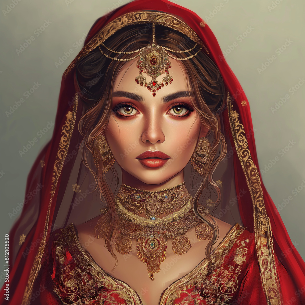 Create an image of an Indian bride on her wedding day, adorned in traditional attire. She is wearing a rich red lehenga with intricate gold embroidery. Her jewelry includes a gold nose ring, a maang t