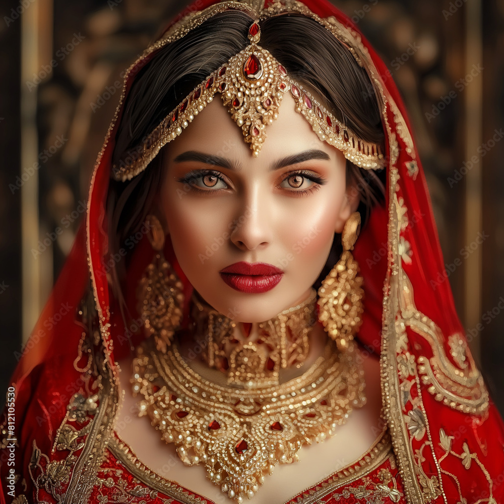 Create an image of an Indian bride on her wedding day, adorned in traditional attire. She is wearing a rich red lehenga with intricate gold embroidery. Her jewelry includes a gold nose ring, a maang t