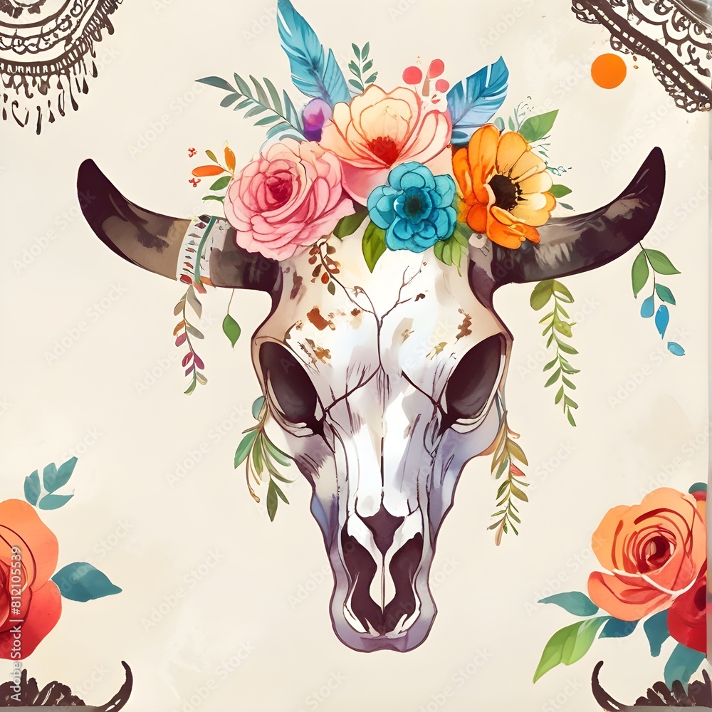 Watercolor painting of cow skull decorated with flowers and colorful ...
