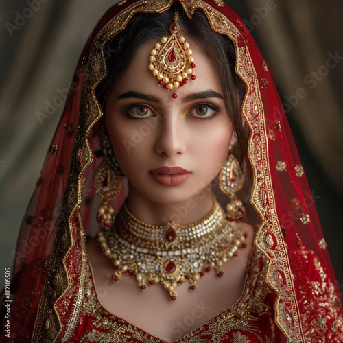 Create an image of an Indian bride on her wedding day, adorned in traditional attire. She is wearing a rich red lehenga with intricate gold embroidery. Her jewelry includes a gold nose ring, a maang t