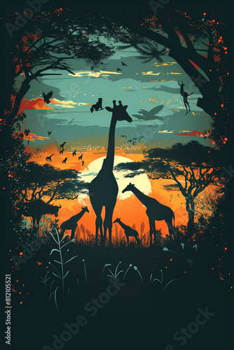 As dusk falls on the safari, this vector illustration shows a gathering of giraffes in a vividly colored setting. AI Generated