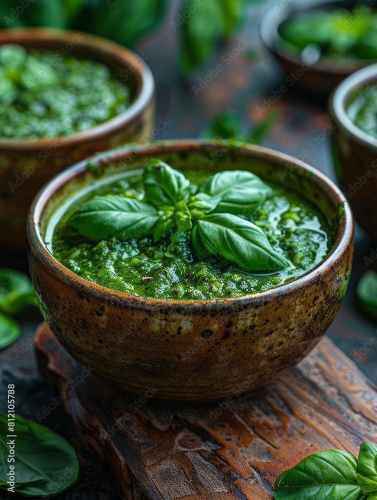 Fresh homemade pesto sauce in wooden bowl and ingredients on rustic table. Fresh homemade pesto sauce in wooden bowl and ingredients on rustic table.