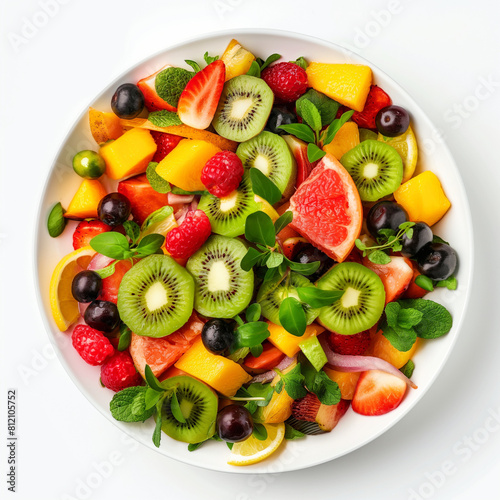 fresh and healthy fruit salad in white plate with white background.