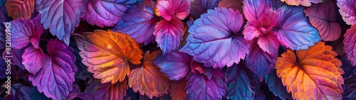 Amidst the watercolor landscape  coleus blooms flourish with vibrant foliage in lush shades of green  pink  purple  and red. 