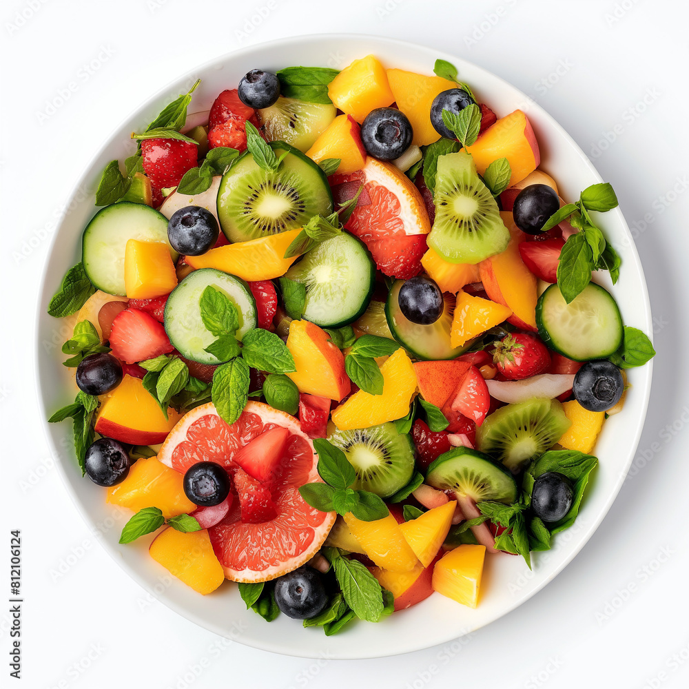 fresh and healthy fruit salad in white plate with white background. fresh and healthy fruit salad in white plate with white background.