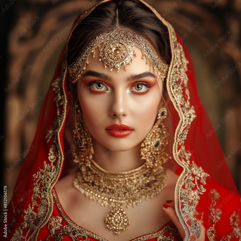 Create an image of an Indian bride on her wedding day, adorned in traditional attire. She is wearing a rich red lehenga with intricate gold embroidery. Her jewelry includes a gold nose ring, a maang t Create an image of an Indian bride on her wedding day, adorned in traditional attire. She is wearing a rich red lehenga with intricate gold embroidery. Her jewelry includes a gold nose ring, a maang t