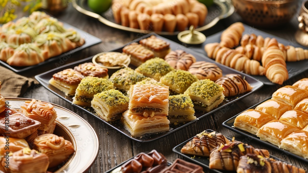 Showcase traditional Eid sweets like baklava, maamoul, or sheer khurma