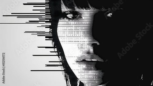 black and white pixel ascii girls face. Generative AI photo