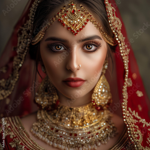 "Create an image of an Indian bride on her wedding day, adorned in traditional attire. She is wearing a rich red lehenga with intricate gold embroidery. 