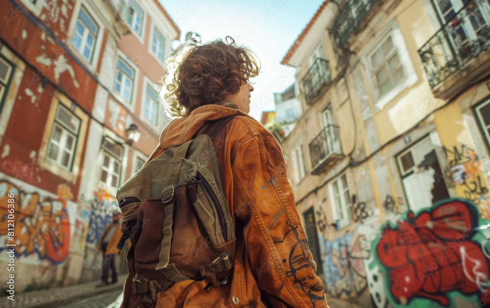 Fototapeta premium A young woman wearing a backpack and an orange jacket walks down a street with graffiti on the walls