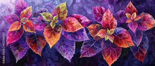 Amidst the watercolor landscape, coleus blooms flourish with vibrant foliage in lush shades of green, pink, purple, and red.  photo