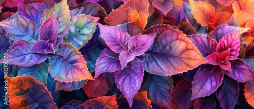 Amidst the watercolor landscape  coleus blooms flourish with vibrant foliage in lush shades of green  pink  purple  and red. 