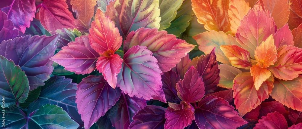 Against the watercolor backdrop, coleus blooms flaunt vibrant foliage in shades of green, pink, purple, and red. Their bold hues and intricate patterns whisk the scene away to tropical paradises