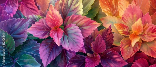 Against the watercolor backdrop, coleus blooms flaunt vibrant foliage in shades of green, pink, purple, and red. Their bold hues and intricate patterns whisk the scene away to tropical paradises photo