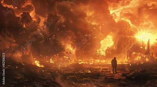 apocalyptic surreal landscape of earths destruction with humanity facing extinction amidst chaos and flames haunting fantasy concept illustration