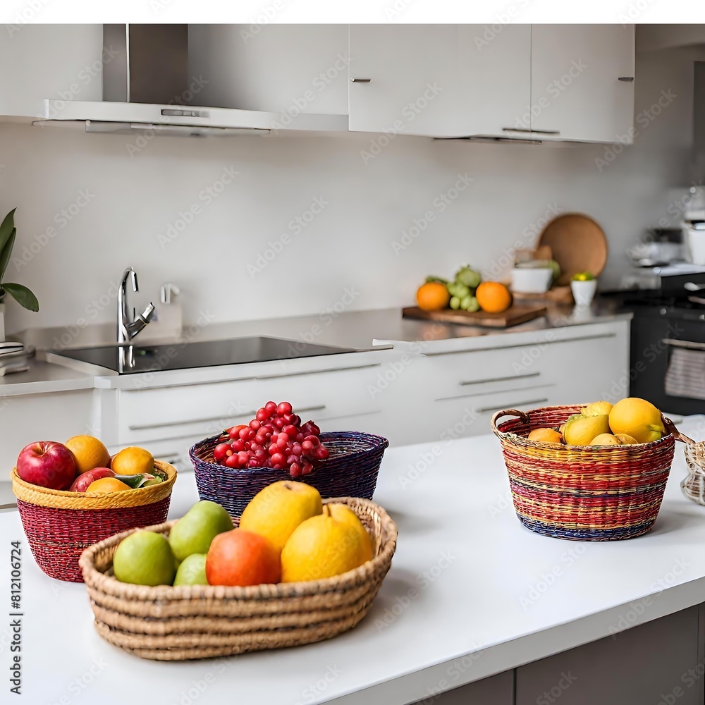rattan wicker fruits baskets on white kitchen worktops, kitchen tools and sink, colorful baskets, Picnic basket. rattan wicker fruits baskets on white kitchen worktops, kitchen tools and sink, colorful baskets, Picnic basket.