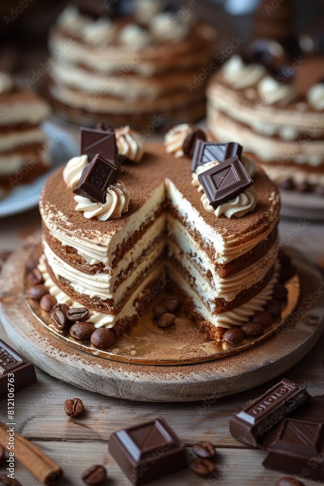 Layered cake with chocolate pieces. Layered cake with chocolate pieces.