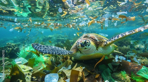 Entangled in Plastic  Sea Turtle Struggles Amidst Ocean Debris  Marine Pollution Threat 