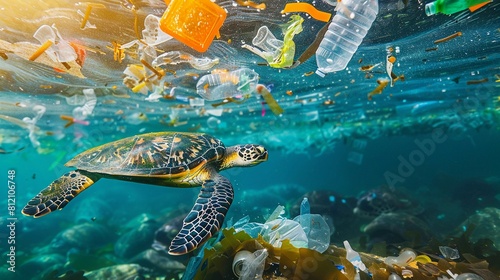 Entangled in Plastic: Sea Turtle Struggles Amidst Ocean Debris (Marine Pollution Threat)