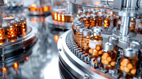 automated pharmaceutical manufacturing process with vials and tablets 3d illustration