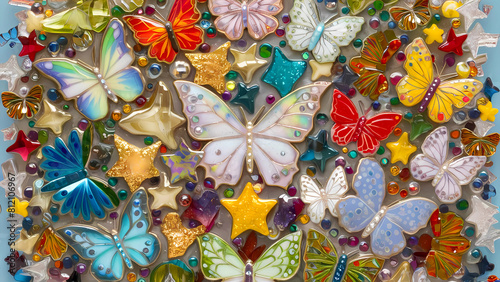 La belleza de las mariposas con alas translúcidas y gemas brillantes se refleja en esta obra de arte elaborada en vidrio fusionado, acompañada de estrellas y un fondo azul inspirador.