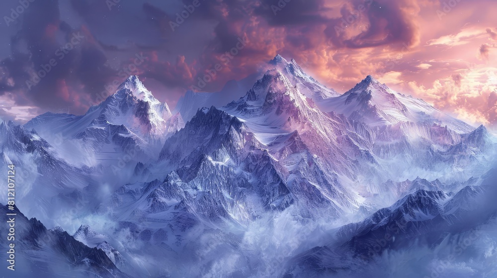 aweinspiring landscape panorama of majestic snowcapped mountain peaks against dramatic sky nature photography digital painting aweinspiring landscape panorama of majestic snowcapped mountain peaks against dramatic sky nature photography digital painting