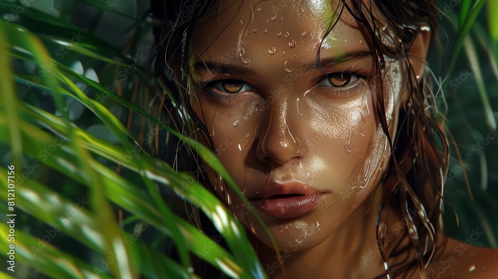 beautiful tanned girl with natural makeup and wet hair in jungle exotic beauty portrait digital art beautiful tanned girl with natural makeup and wet hair in jungle exotic beauty portrait digital art