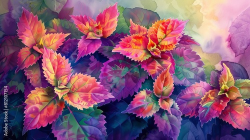 Within the watercolor canvas  vibrant coleus blooms showcase foliage in lush shades of green  pink  purple  and red. Their bold colors and intricate patterns transport the scene to tropical realms.