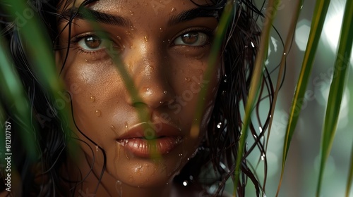 Fototapeta Naklejka Na Ścianę i Meble -  beautiful tanned girl with natural makeup and wet hair in jungle exotic beauty portrait digital art