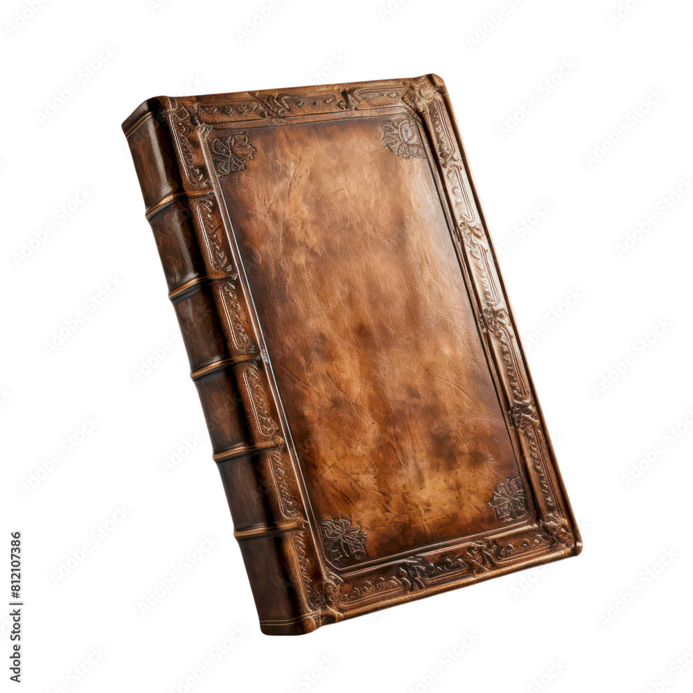 The image is of a thick leather-bound book with gold accents. The book is closed and the spine is facing the viewer. The book is sitting on a dark surface.