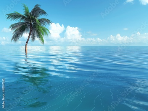 A palm tree is floating in the ocean. The water is calm and blue. The scene is peaceful and serene