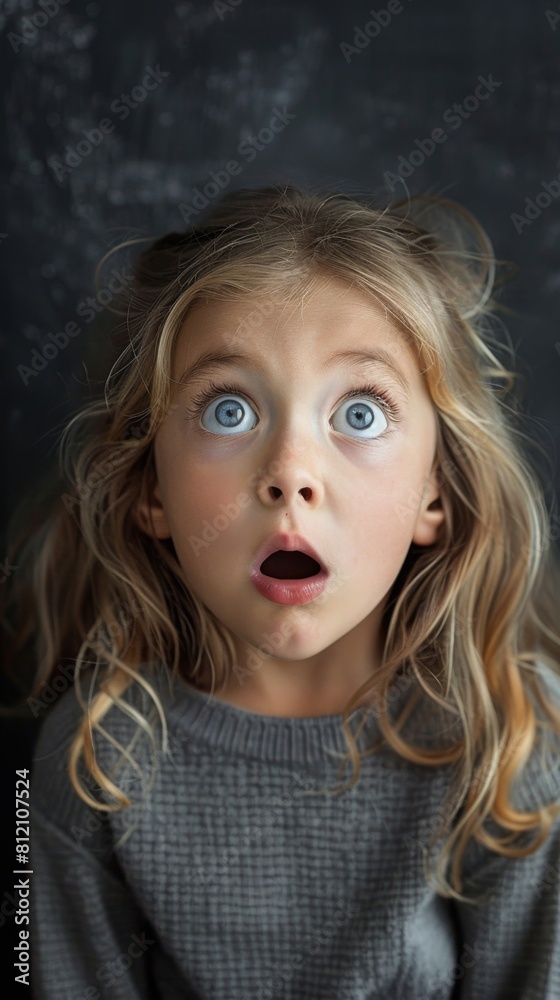 A young girl with blonde hair and blue eyes is looking up with an open mouth. She is wearing a gray sweater and has a surprised expression on her face