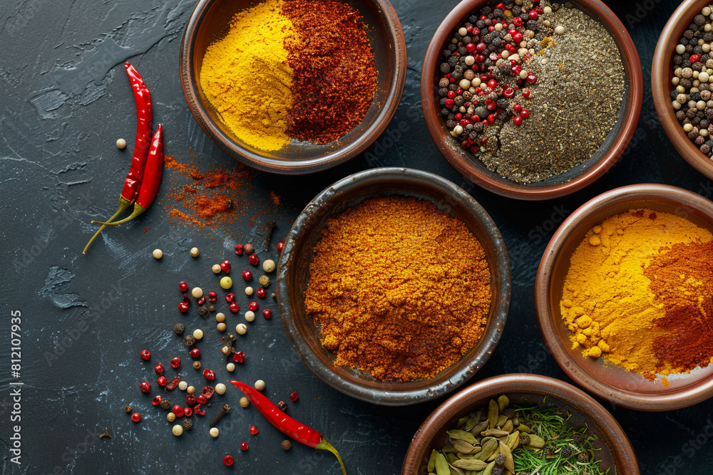Assorted Spices in Bowls on Dark Textured Background Assorted Spices in Bowls on Dark Textured Background